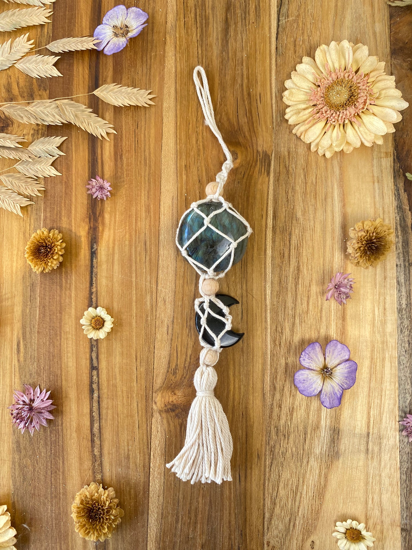 Hanger met labradoriet en obsidiaan